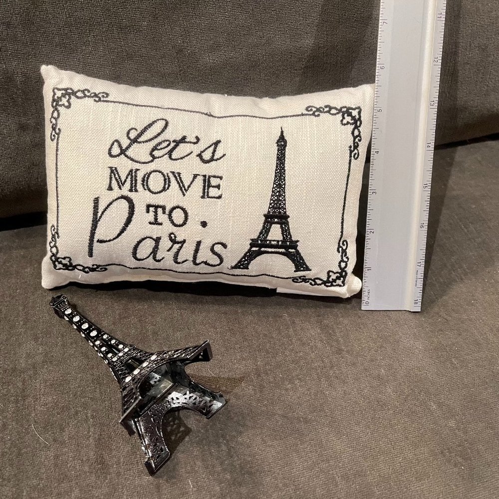 PARIS BUNDLE! MINI EMBROIDERED CREAM LINEN/COTTON PILLOW & SPARKLY EIFFEL TOWER